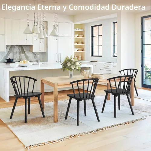 Miniatura 3 de LUE BONA Juego de 4 Sillas de Comedor Negras, Sillas de Comedor de Madera Estilo Granja con Respaldo Semicircular, Silla de Comedor de Husillo
