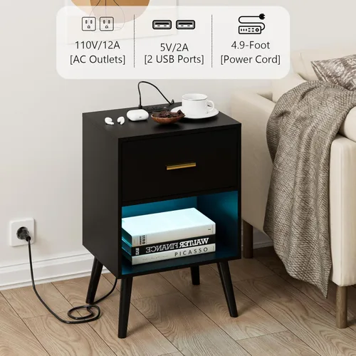 Miniatura 5 de Aienvey Mesita de noche con estación de carga y luces LED, mesa auxiliar pequeña, mesita de noche con cajón, mesita de noche moderna, mesa auxiliar