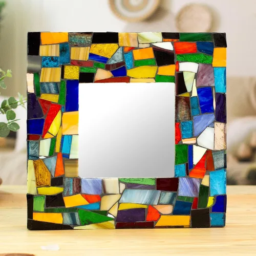 Miniatura 2 de NOVICA Espejo de pared de vidrio y madera, multicolor, sinfonía