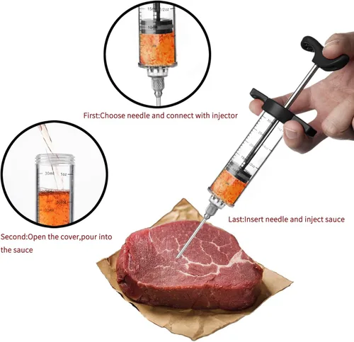 Miniatura 4 de JY COOKMENT Jeringa para inyector de carne, inyector de sabor marinado de 1 onza con 2 agujas profesionales, 1 cepillo de limpieza (negro)