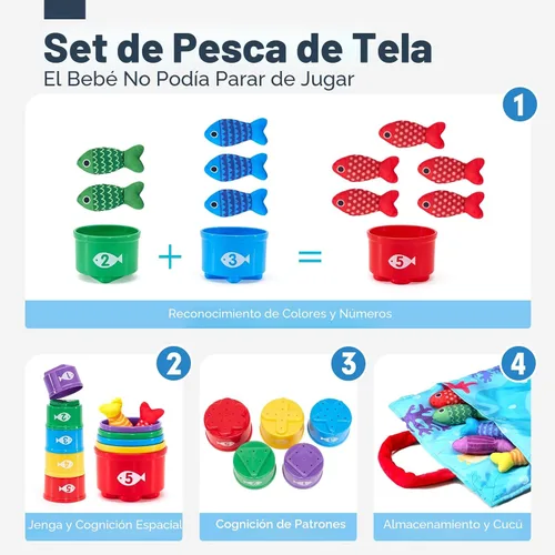 Miniatura 4 de hahaland Juguetes Montessori para niño de 1 año, regalo de cumpleaños, juego de pesca de tela 10 en 1, juguetes para niños pequeños con tazas