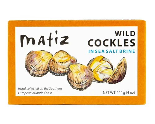 Matiz Berberechos silvestres españoles de Galicia, España en salmuera natural de sal marina (4 oz.) Berberechos españoles, almejas pequeñas,