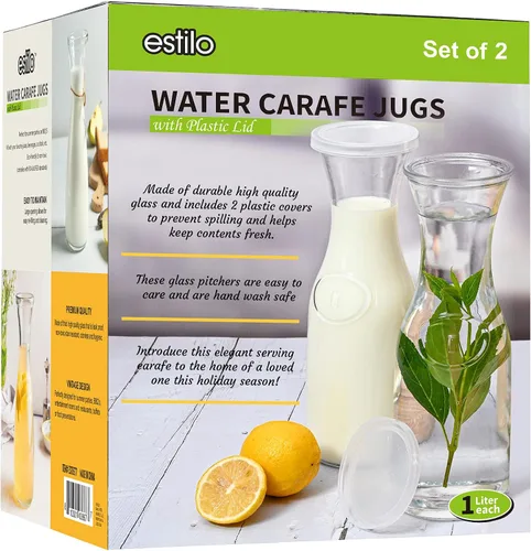 Miniatura 6 de Estilo Jarra de vidrio de 1 litro con tapa para 1 litro (2), agua, porción de jugo, diseño de cuello alto y estrecho, 33 onzas, juego de 2