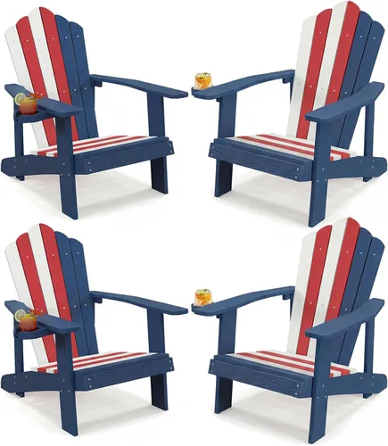 Miniatura 20 de Tangkula Silla Adirondack de gran tamaño, sillas de patio con soporte ajustable para tazas, sillones con caderas y listones, resistente a