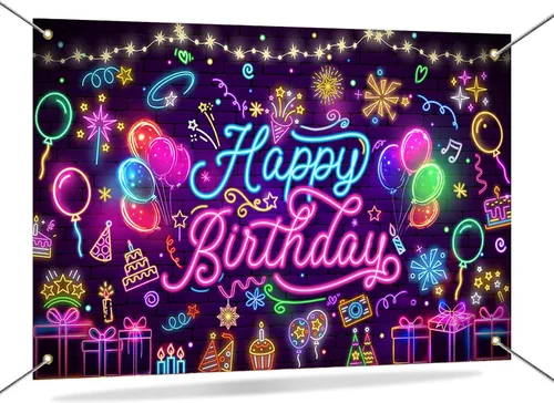 Miniatura 6 de Mocsicka Neon Happy Birthday Banner Backdrop Glow in The Dark Graffiti Party Backdrop Decorations for Kids Adults Mustic Let's Glow Birthday