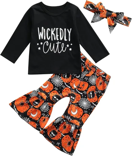 Hnyenmcko Conjunto de ropa de Halloween para bebé niña, camiseta de manga larga con letras y pantalones de campana de calabaza con diadema, 3