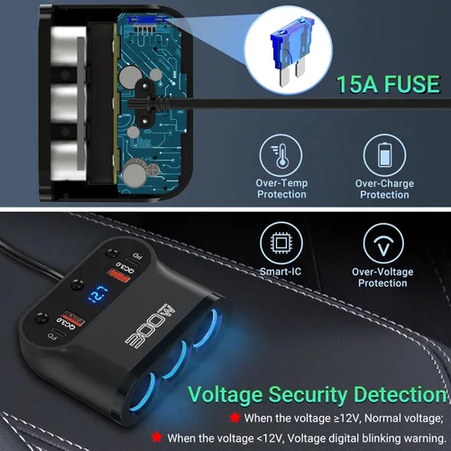 Miniatura 5 de Adaptador de encendedor de cigarrillos 7 en 1: Ouffun 300 W 3 sockets extensiones de cargador de coche divisor de 12 V con doble PD USB C 30W