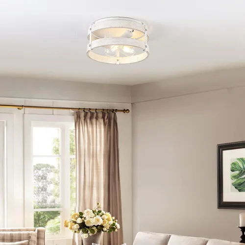 Miniatura 3 de Moderno de granja ?Blanco antiguo con aspecto desgastado lámpara de techo empotrada de 2 luces lámpara de techo de tambo de madera montaje