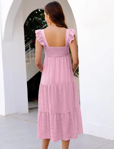 Miniatura 5 de KOJOOIN Vestido de maternidad para mujer, sin mangas, cuello cuadrado, volantes, casual, bohemio, vestido midi para baby shower, sesión de fotos