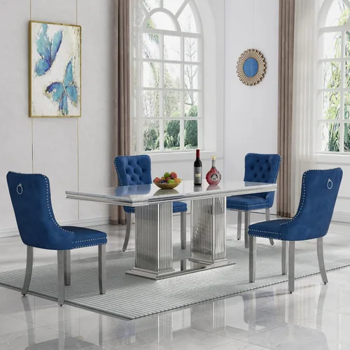 Miniatura 70 de HomVent Juego de mesa de comedor moderna de mármol sintético para 4 personas, mesa de cocina rectangular con 4 sillas beige (dorado)
