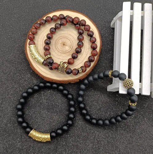 Miniatura 7 de Juego de 4 pulseras de 0.315 in con corona King para hombres y mujeres, ojo de tigre, negro mate, ónix mate, cuentas de piedra natural