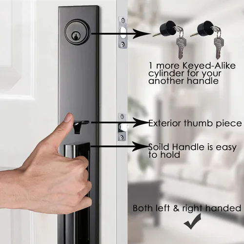 Miniatura 5 de Juego de cerradura de puerta doble para puerta delantera, para diestros y zurdos, con cerrojo y palanca, resistente, color negro peltre