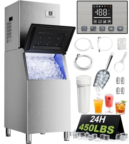 Landeagle Máquina comercial para hacer hielo de 450 libras/24 horas con almacenamiento de 250 libras, modo de autolimpieza, máquina de hielo