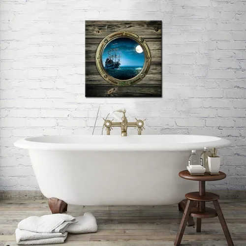 Miniatura 4 de Biuteawal - Lienzo con vista nocturna de luna llena, vista de ventana del océano, arte de pared, barco de vela, pintura de paisaje marino, obras