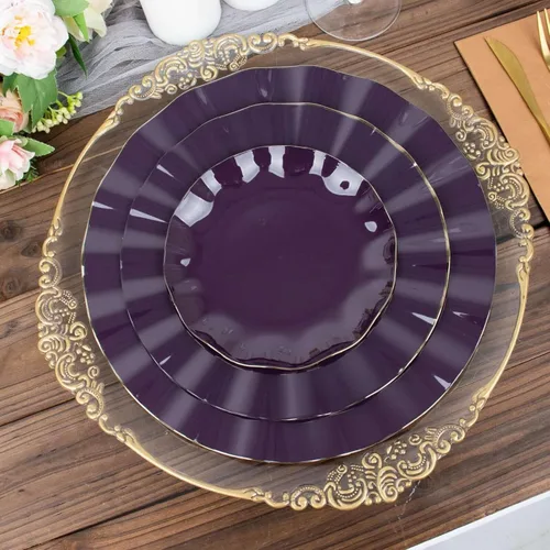 Miniatura 131 de Tableclothsfactory Paquete de 10 platos redondos de plástico negro de 6 pulgadas para ensalada de postre, platos desechables con borde ondulado