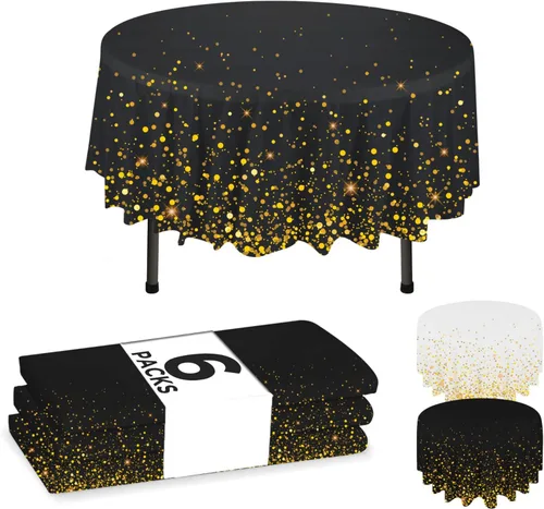 NORZEE Paquete de 6 manteles de plástico desechables color negro, mantel de plástico de 84 pulgadas, mantel redondo color negro y dorado CONFETY