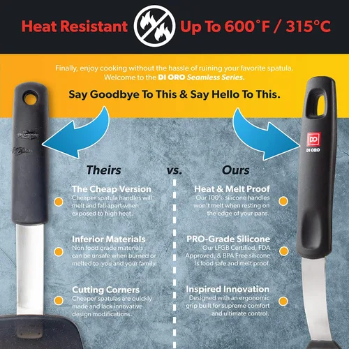 Miniatura 4 de DI ORO - Espátula de silicona para utensilios de cocina antiadherentes, volteador de cocina flexible y fino para voltear panqueques y huevos, alta
