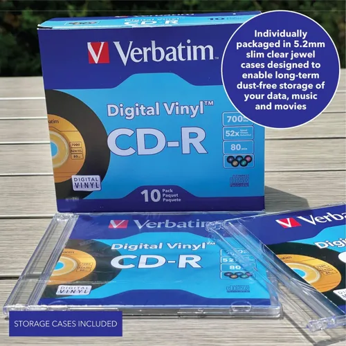 Miniatura 9 de Verbatim 94439 CD-R de 80 minutos, 52X, con superficie digital de vinilo. Paquete de 10 unidades en cajas estrechas. marcado Azul