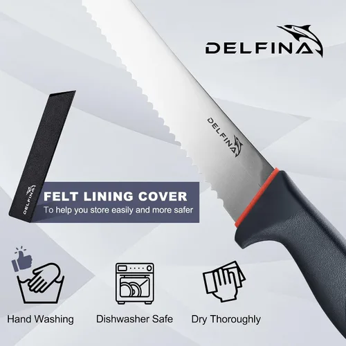 Miniatura 6 de DELFINA Cuchillo de pan de 10 pulgadas para masa madre de pan casero con agarre suave, cuchillo de pan dentado, borde ondulado, con funda para panes