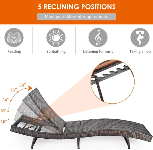 Miniatura 6 de Tangkula Tumbona para exteriores, silla de ratán para patio con cojín grueso extraíble, 5 niveles ajustables, silla de mimbre reclinable de ocio