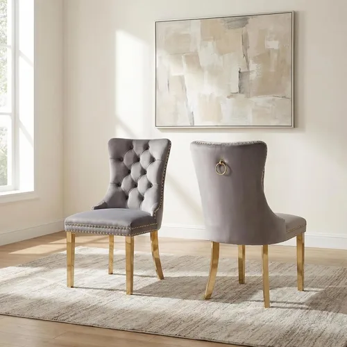 Miniatura 127 de OVENTA Juego de 4 sillas de comedor modernas tapizadas copetudas, terciopelo negro y gris y cuero con patas de madera maciza, sillas de cocina