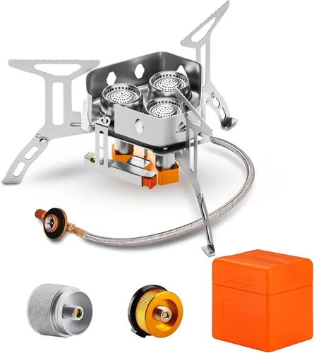 Miniatura 10 de Estufa de campamento de 3500 W, estufa de campamento resistente al viento con funda de transporte de encendido piezoeléctrico y 2 adaptadores