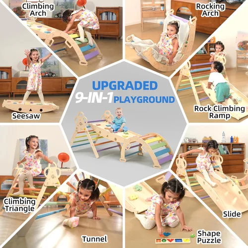 Miniatura 3 de Baby Pikler - Juego de triángulos con cojín, 9 en 1 plegable de madera para niños pequeños, juego de gimnasio Montessori Jungle para interiores