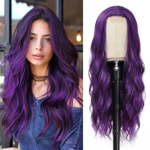 Miniatura 12 de YBYMCAI - Peluca azul larga y ondulada para mujer, parte media, peluca azul degradada de 26 pulgadas, pelo natural rizado sintético, fibra Azul