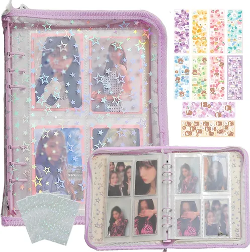 Miniatura 18 de Carpeta de tarjetas fotográficas Kpop 3 pulgadas Libro de soporte para tarjetas fotográficas Kpop con 50 fundas holográficas para tarjetas y Morado
