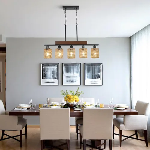 Miniatura 8 de Candelabros de ratán para comedor, iluminación de isla de cocina bohemia, lámpara lineal de 5 luces, lámpara colgante rectangular, candelabros