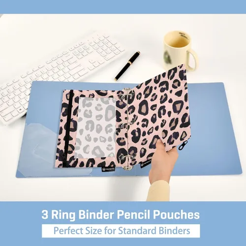 Miniatura 5 de Estuche para lápices con estampado de leopardo y guepardo rosa para carpeta de 3 anillos, 2 bolsas para lápices con cremallera, estuche transparente