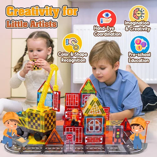 Miniatura 2 de Laminados magnéticos juguetes de construcción para niños - Set de carretera con grúa magnética para niños de 3-5 4-8 8-10 años, Set de expansión