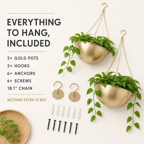 Miniatura 2 de AceList Paquete de 2 macetas colgantes doradas para plantas de interior, colgador de plantas de metal bohemio de 9.8 pulgadas para interiores