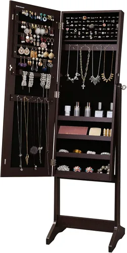 SONGMICS - Armario gabinete de joyería con espejo espejo grande de pie de cuerpo completo organizador de joyas con cerradura color marrón UJJC69BR