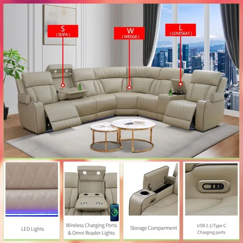 Miniatura 2 de Sofá Seccional Reclinable Eléctrico con Luz LED para Sala de Estar, Juego de Sofá Seccional de Esquina Reclinable de Cuero Sintético, Portavasos