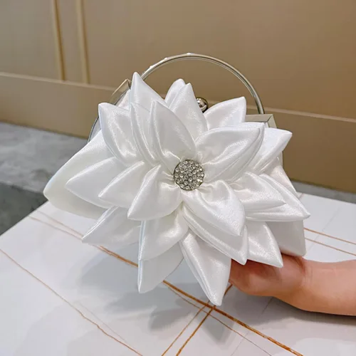 Miniatura 5 de Elegante bolso de noche floral para mujer, bolso de embrague nupcial de boda con diamantes de imitación, bolso de flores de satén para dama