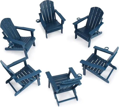 Miniatura 20 de Silla Adirondack plegable de HDPE, silla de patio al aire libre con soporte para tazas, silla de césped de grano de madera resistente a