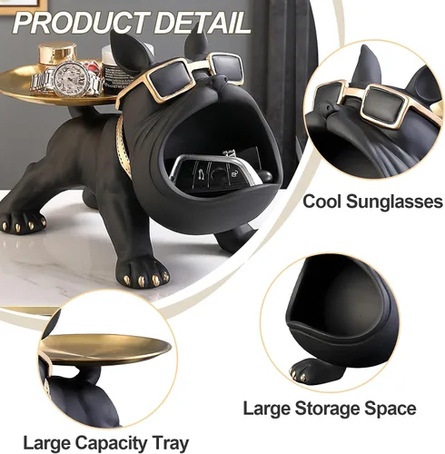 Miniatura 5 de Estatua de bandeja de bulldog francés de resina Huhote, plato de caramelos y llavero de bulldog, accesorios de bulldog francés, estatuas
