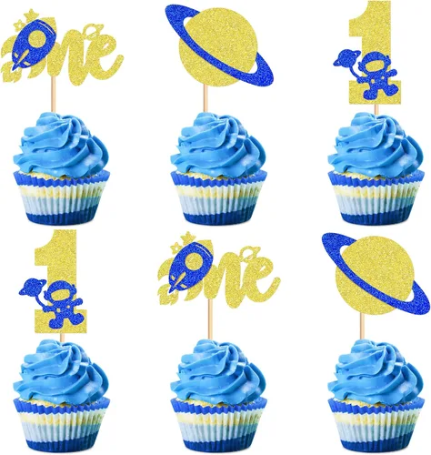 Miniatura 10 de Ercadio 1 pieza de decoración para tartas de niña espacial, luna, estrella, cohete, planeta, decoración de pasteles, espacio de feliz cumpleaños