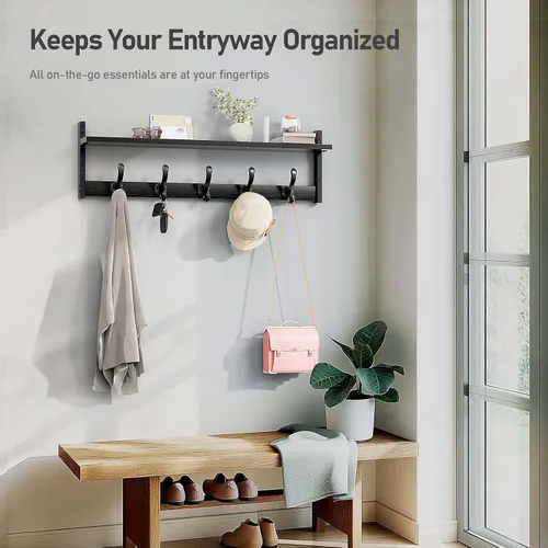 Miniatura 5 de Tatub Perchero rústico de 29 pulgadas con estante, ganchos de pared de entrada con estante, perchas para baño, sala de estar, dormitorio, negro