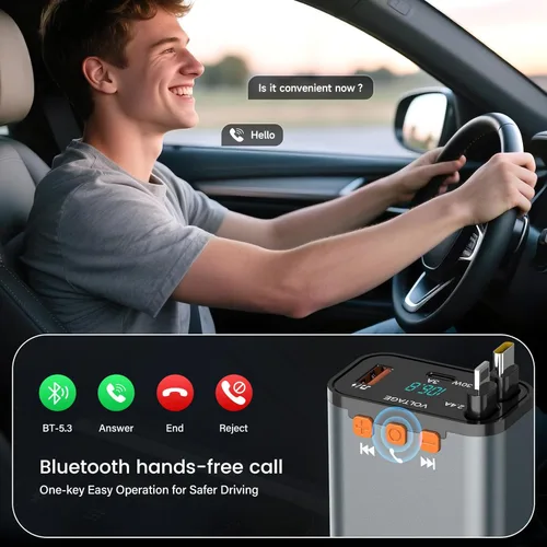 Miniatura 4 de SEANCHEER Adaptador Bluetooth para automóvil y cargador de automóvil USB C, adaptador de encendedor de cigarrillos de 69 W con 2 cables retráctiles