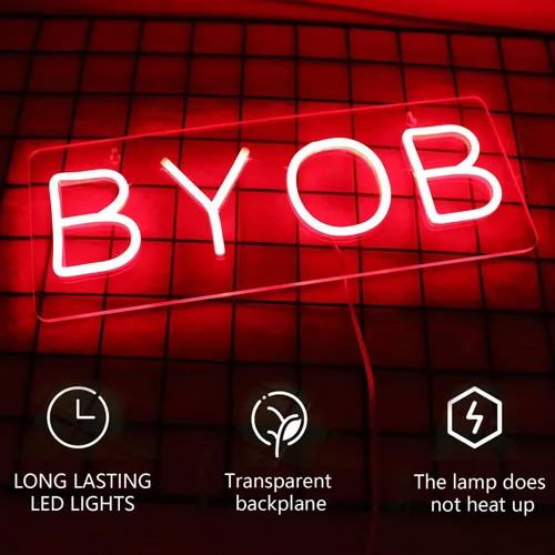 Miniatura 3 de Letrero de neón BYOB Vinray para decoración de sala de juegos, restaurante o fiesta, luz LED súper brillante para decoración de habitación. Fácil