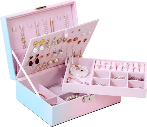Miniatura 2 de Kendal Joyero para mujeres y niñas, organizador de joyas de 2 capas, piel sintética con cierre y forro de terciopelo suave, portátil, almacenamiento