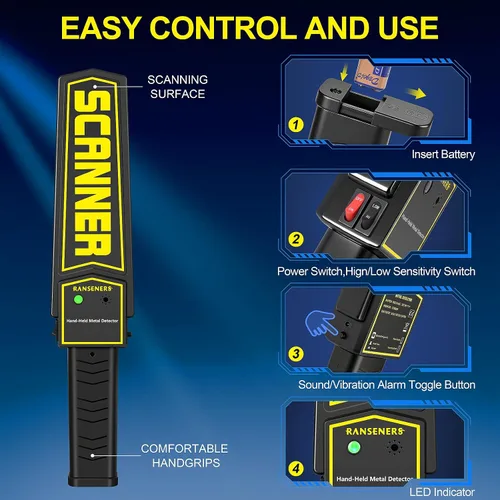 Miniatura 5 de RANSENERS Varita detector de metales portátil, varita de seguridad, alertas de sonido y vibración ajustables portátiles, detecta todos los productos