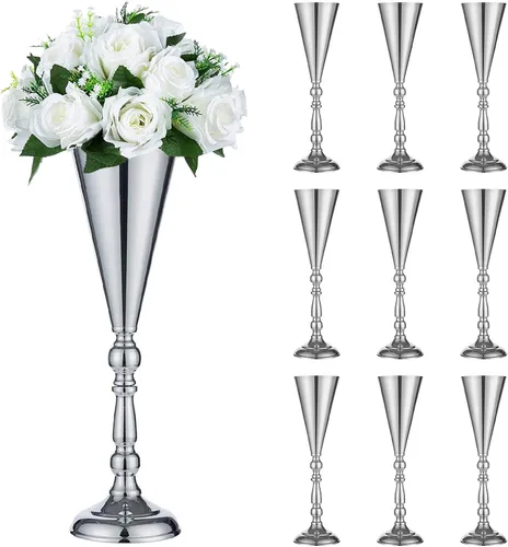 Miniatura 10 de Sziqiqi Juego de 2 centros de mesa altos metálicos para mesas de recepción de boda Florero dorado con soporte Decoración de base para fiestas