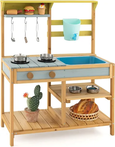 Miniatura 9 de Costzon Cocina de madera para niños, cocina de barro al aire libre con fregadero extraíble, caja de agua y grifo, parte superior de la estufa, Azul