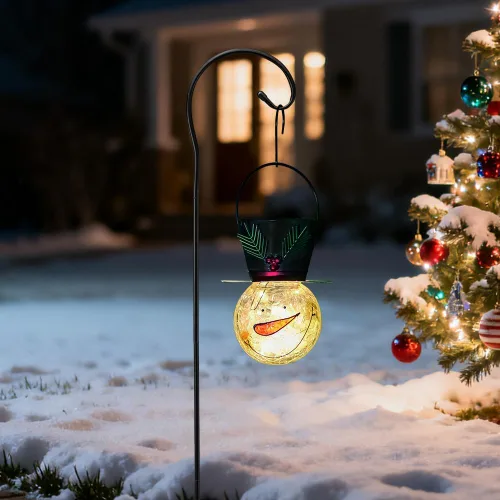 Miniatura 6 de Viveta Linterna solar de muñeco de nieve, faroles solares colgantes de Navidad, farol impermeable de cristal agrietado para exteriores con gancho