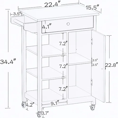 Miniatura 2 de Pequeña isla de cocina sobre ruedas, carrito rodante, carrito de servicio, armario de almacenamiento con cajón de almacenamiento, toallero y 22.4