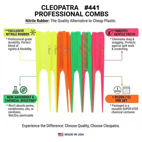 Miniatura 2 de Krest Cleopatra 8-1/2 pulgadas Peines de cola de rata de diente extrafino. Peine de cola de rata Modelo #441 Color Neon Mix. 1 docena.