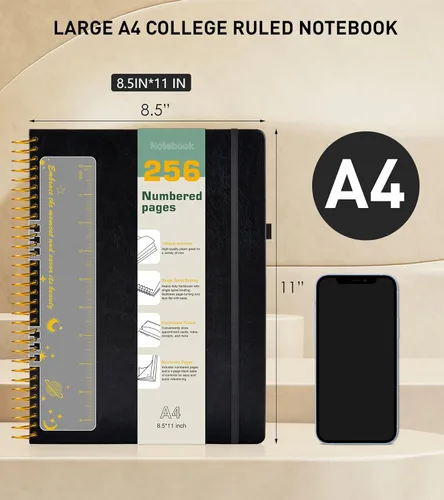 Miniatura 4 de Cuaderno de espiral A4 de 8.5 x 11 pulgadas, 256 páginas numeradas, de tapa dura, de cuero, para mujeres y hombres, cuadernos grandes rayados